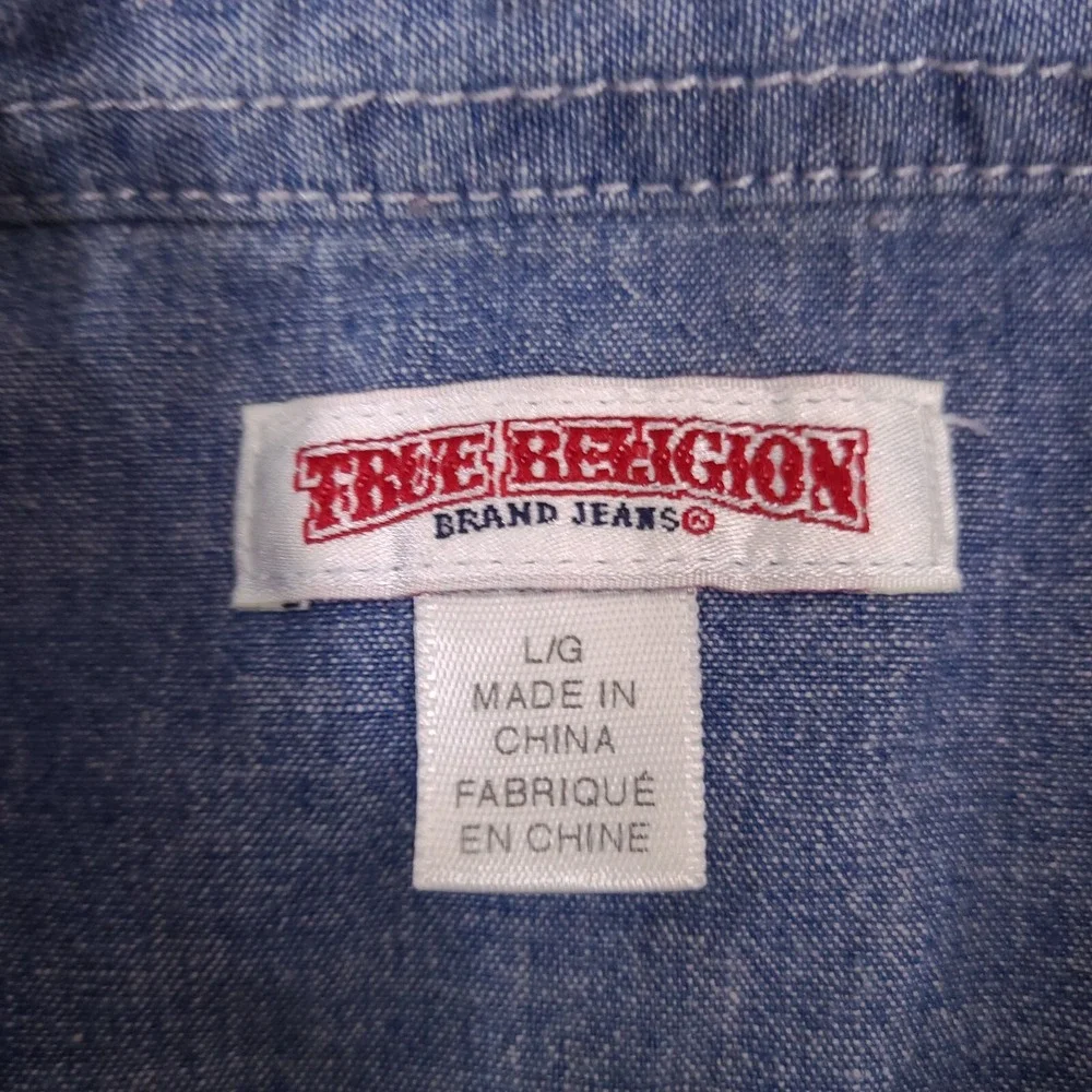 True Religion Shirt Mens Large Blue Denim Chambray Short‎ Sleeve Button Utility